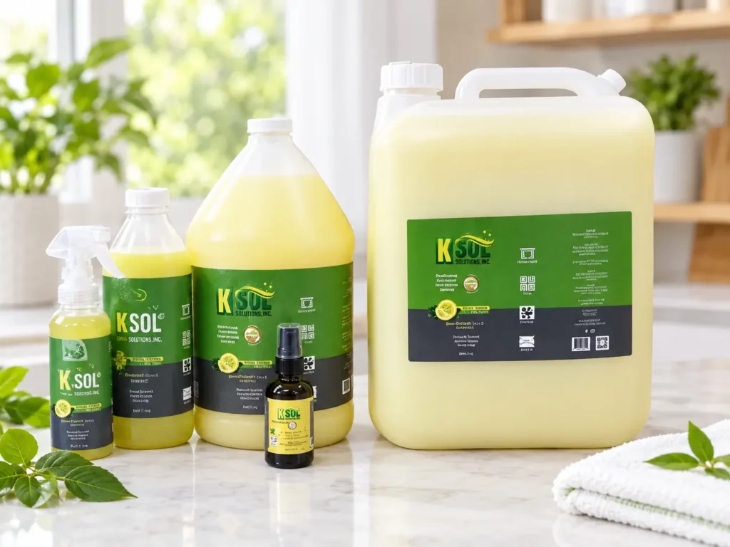 KSOL Solutions eco-conscious cleaning product bottles used by Klean N' Jiffy